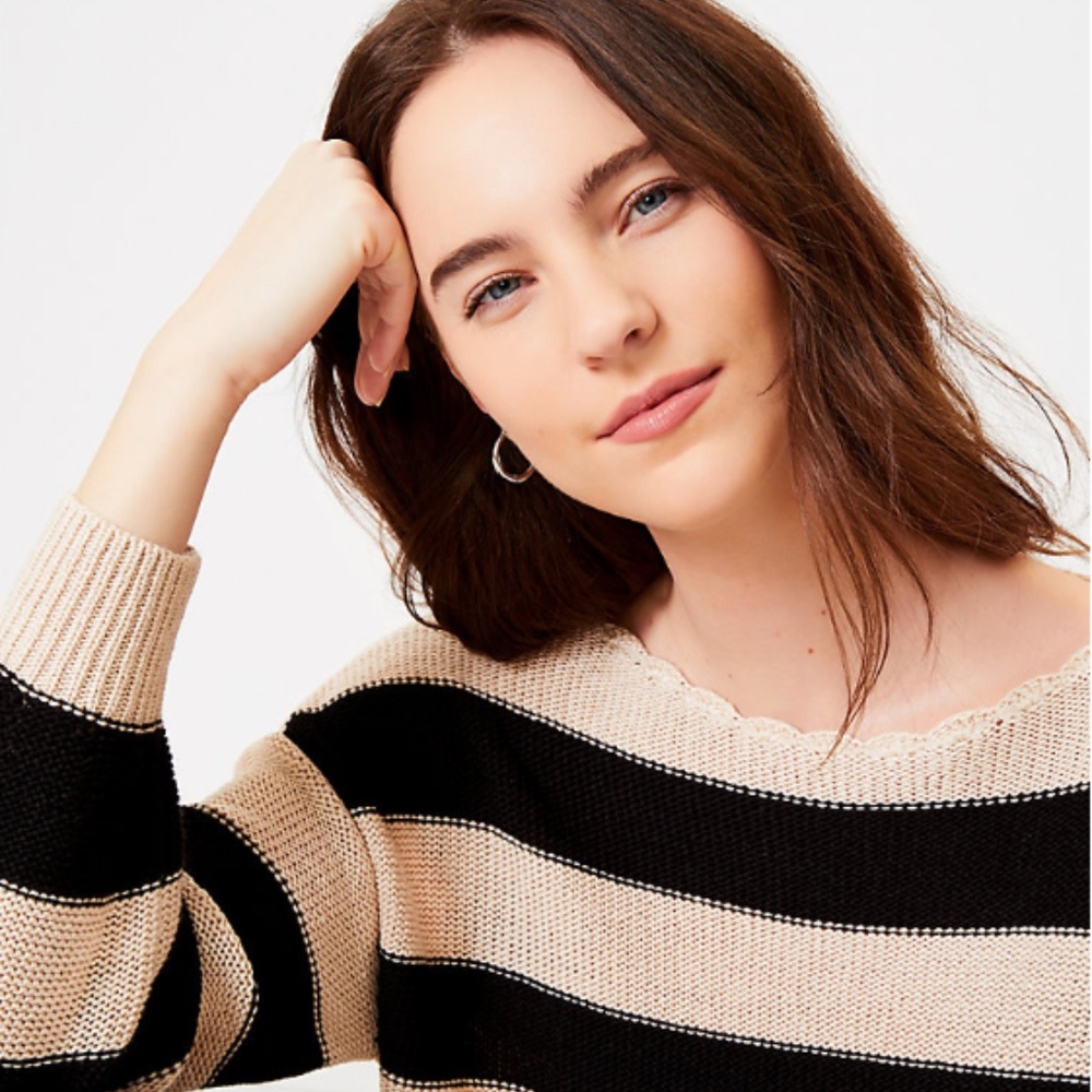 LOFT Striped Boatneck Black & Neutral Tan Preppy Sweater XL